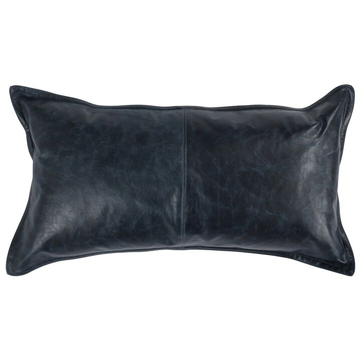 Norm 14 x 26 Lumbar Accent Throw Pillow, 4 Pieced Design, Soft Blue Leather-Benzara
