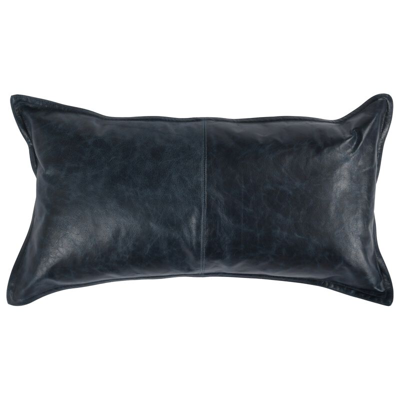 Norm 14 x 26 Lumbar Accent Throw Pillow, 4 Pieced Design, Soft Blue Leather-Benzara