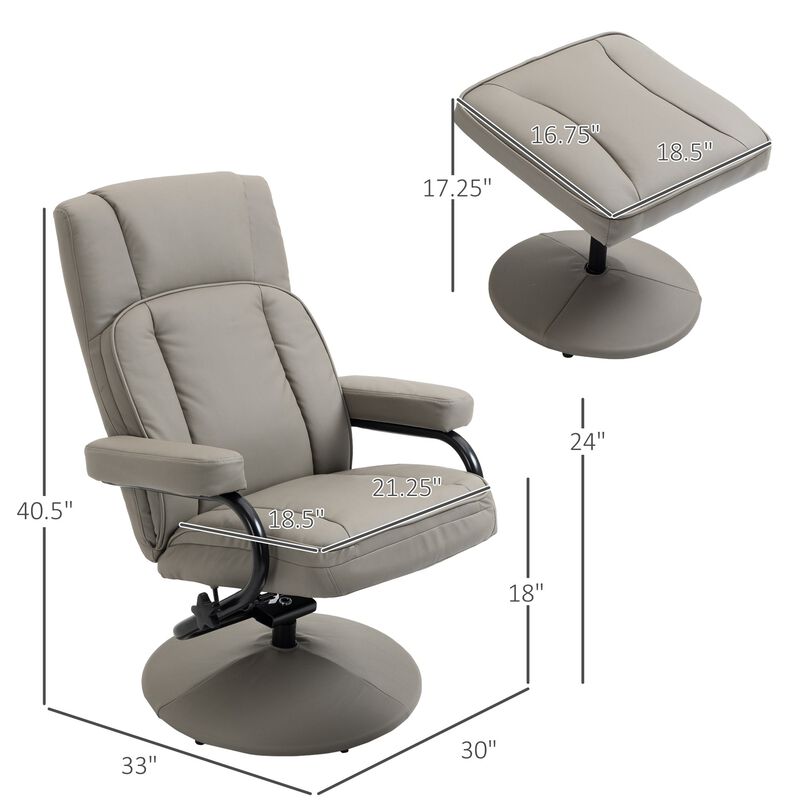 Grey Living Room Set: Swivel Recliner with Ottoman in PU Leather