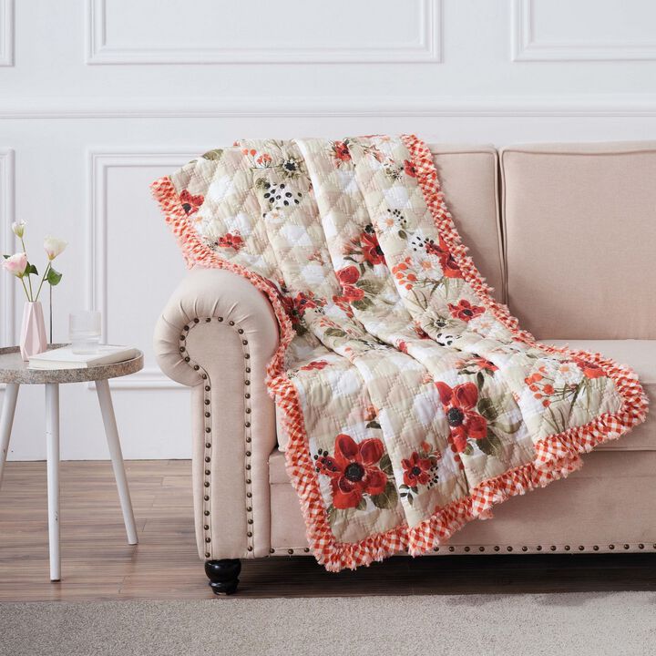 Lire 50 x 60 Inch Quilted Throw Blanket with Fill, Windflower Print, Red - Benzara