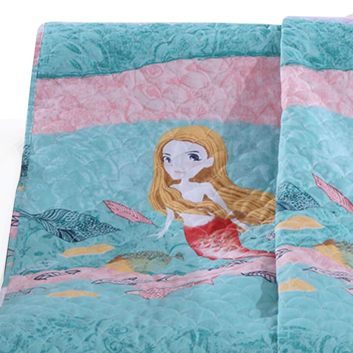 Wini 50 x 60 Inch Quilted Throw Blanket with Fill, Mermaid, Blue, Pink - Benzara