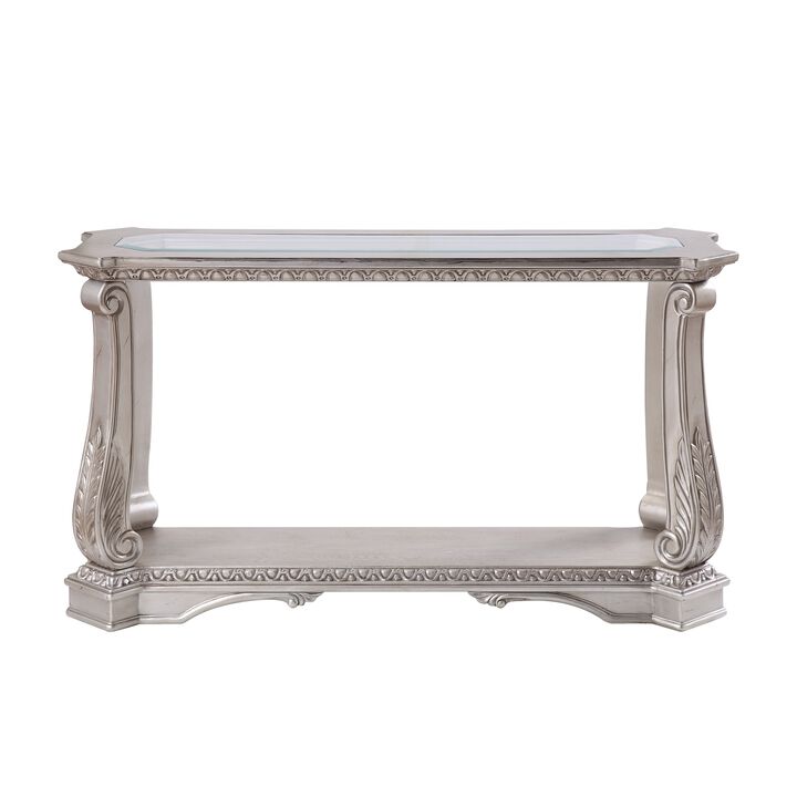 Antique Sofa Table with Polyresin Engravings and Clear Glass Top, Silver and Clear - Benzara