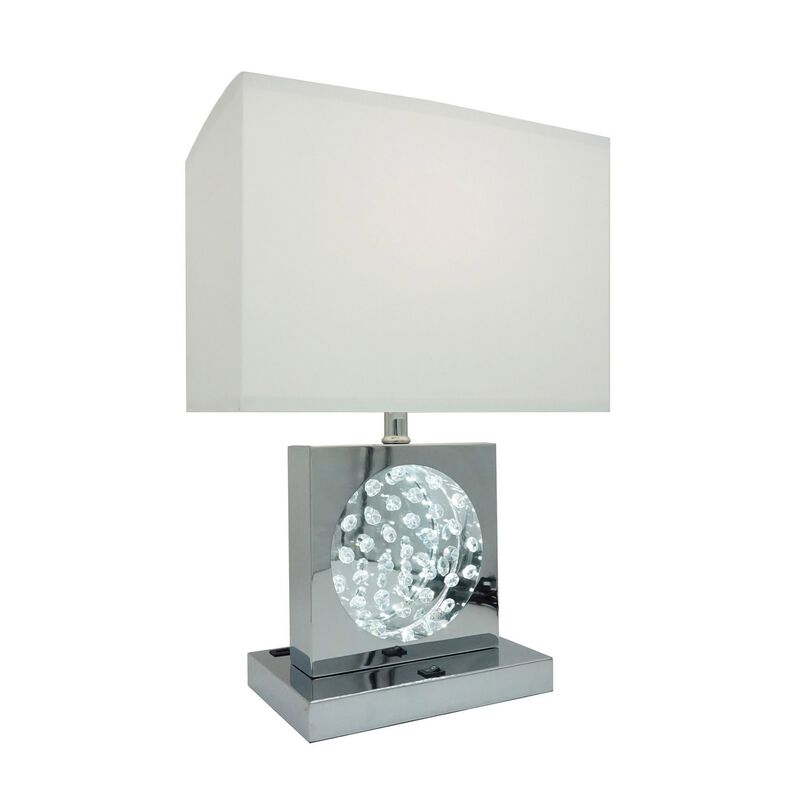 Rohi 22 Inch Table Lamp, White Fabric Shade, Chrome Base, LED Accents-Benzara