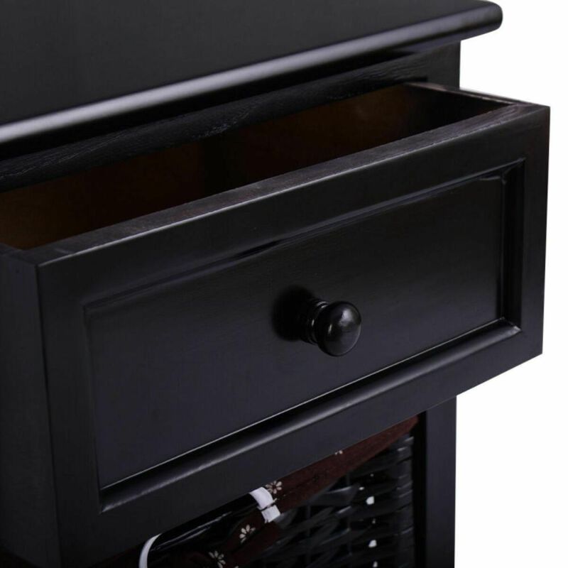 Hivvago 3 Tiers Wooden Storage Nightstand with 2 Baskets and 1 Drawer-black