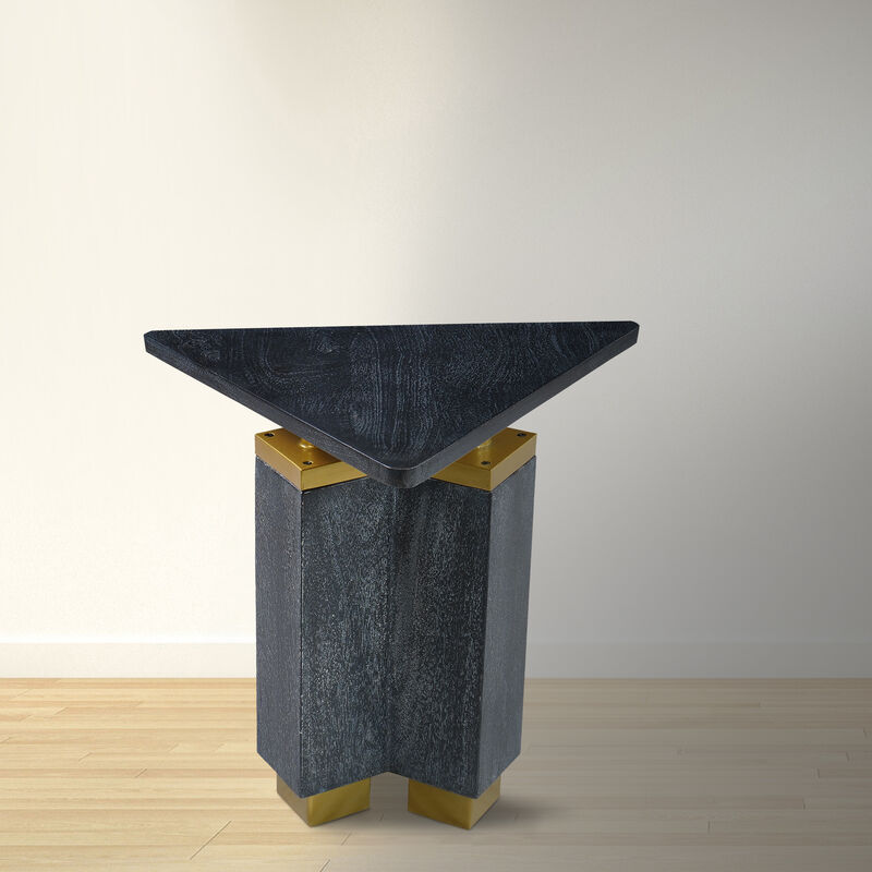 20 Inch Modern Side End Table, Handcrafted Triangular Shape, Gold Brass Trim, Sandblasted Black