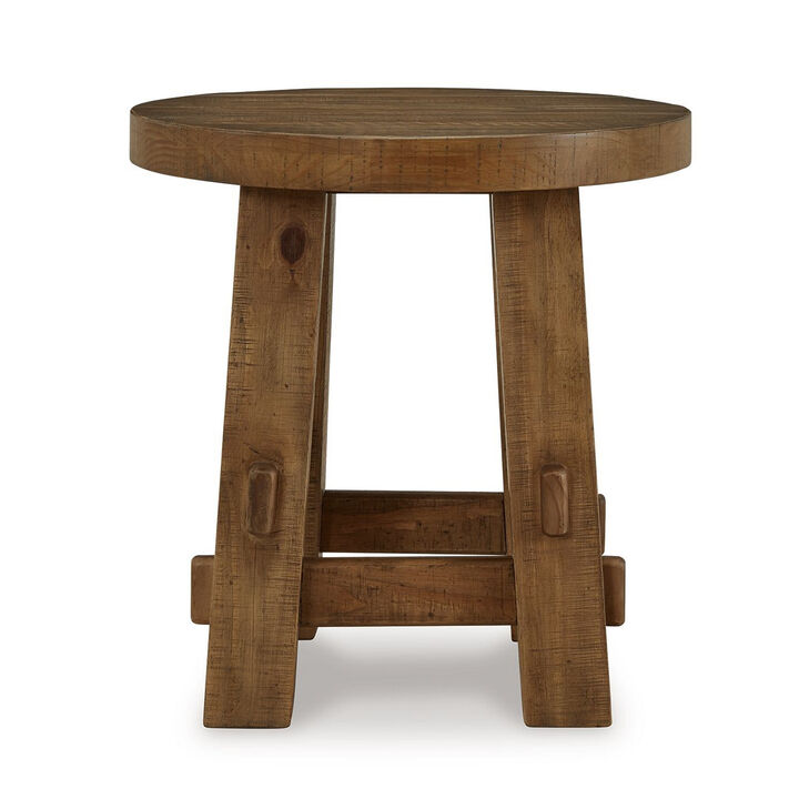 Ack Round Side End Table, Sturdy Block Legs, 24 Inch Brown Pine Solids - Benzara