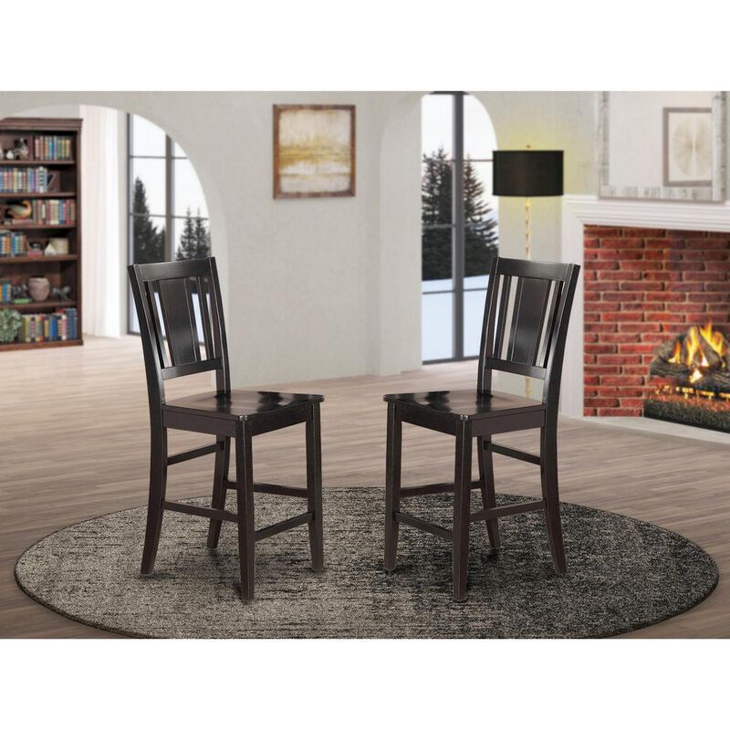 East West Furniture Buckland  Counter  Height  Chair    for  dining  room  with  Wood  Seat  in  Black  Finish,  Set  of  2