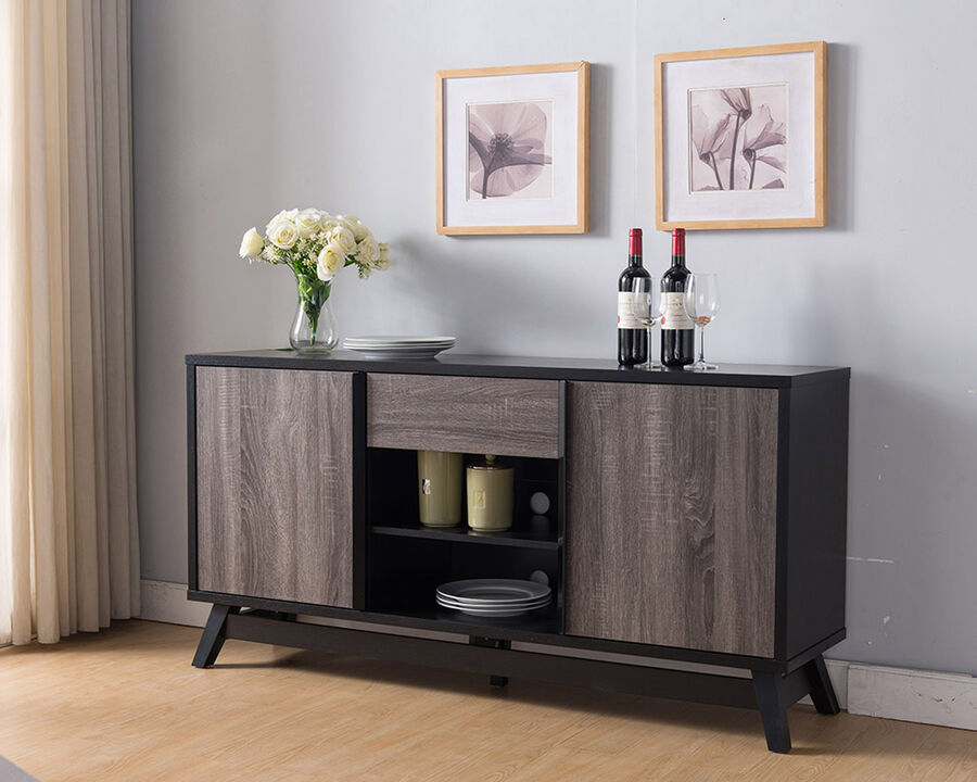 Black & Distressed Grey TV Stand Buffet with 2 Cabinets, 2 Center Shelves and Drawer