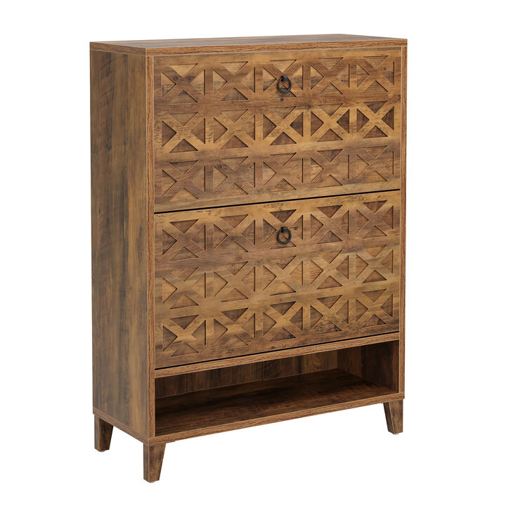 2-Flip Drawer Brown Freestanding Shoe Storage Cabinet, Narrow Entryway Organizer with Adjustable Shelves