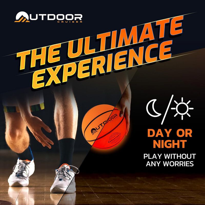 Outdoor Cruiser Light Up Basketball - Waterproof Rubber Construction, Glow in the Dark, Glows Up to 30 Hrs with Tap Activation, Complete Set with Pump & Spare Batteries, Official Size 7, For Ages 8-15