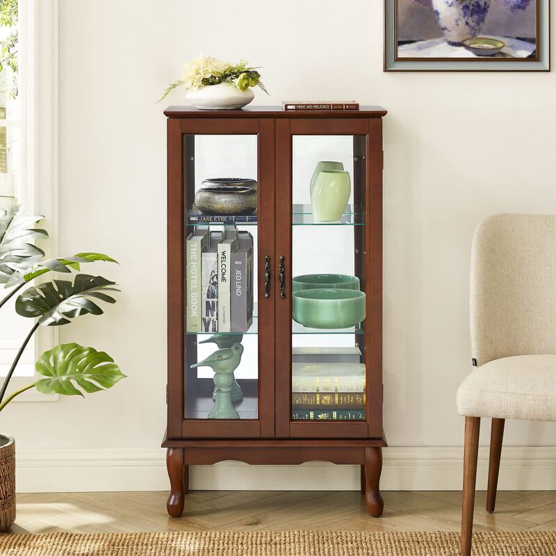 Curio Cabinet Lighted Curio Diapaly Cabinet With Adjustable Shelves And Mirrored Back Panel
