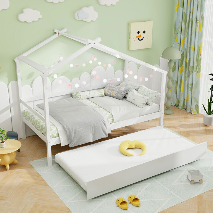 Kids Twin Size House Bed with Trundle and Roof Fun and Functional Sleep Space