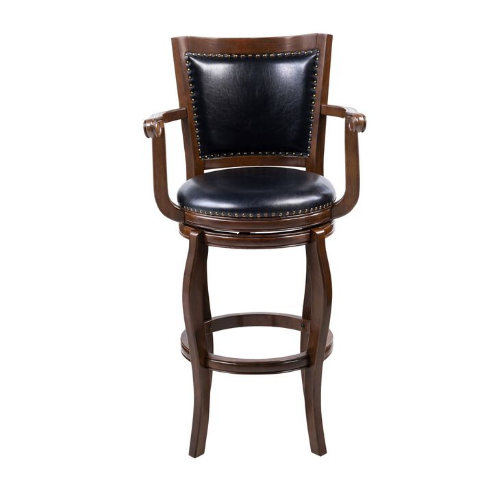 Hugo Swivel Barstool Chair, Black Faux Leather, 34 Inch Extra Tall - Benzara