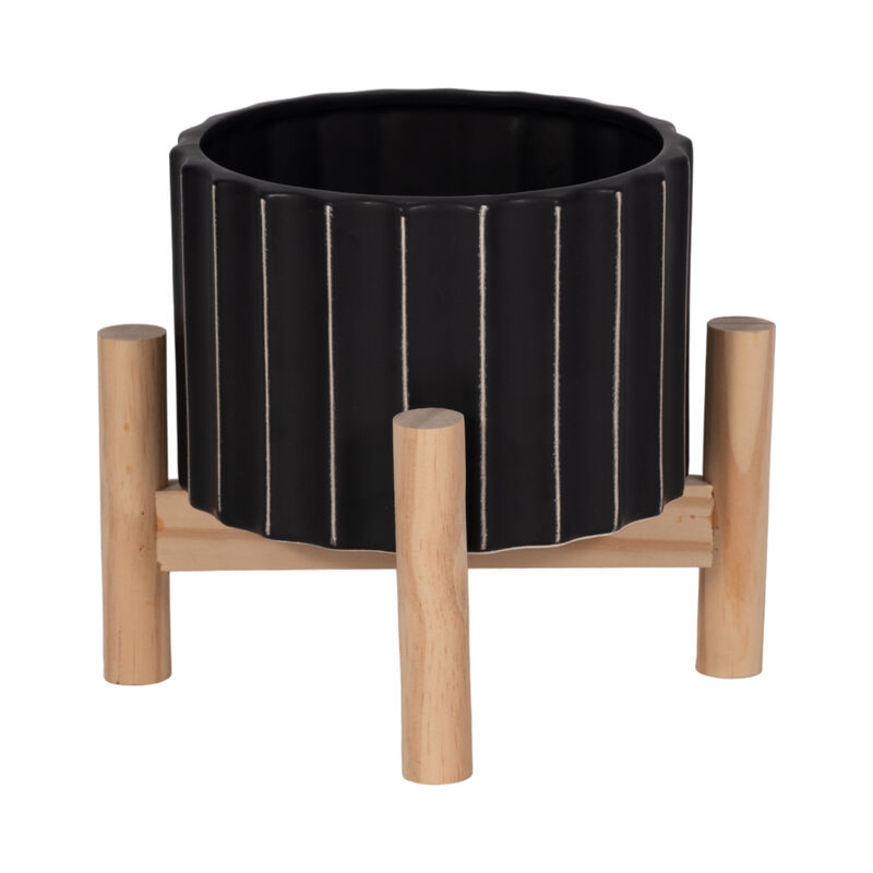 Ceramic Fluted Planter W/ Wood Stand