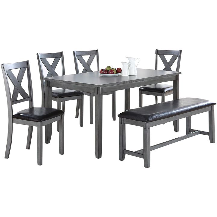 Modern 6 Piece Dining Set with Table, 4 Chairs and Bench, Gray Faux Leather - Benzara