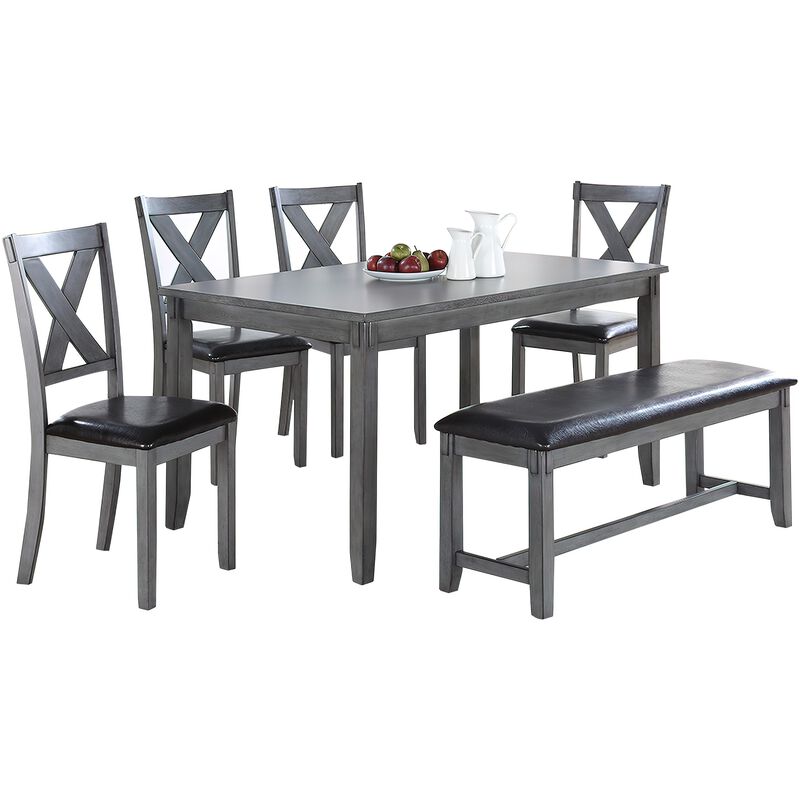 Modern 6 Piece Dining Set with Table, 4 Chairs and Bench, Gray Faux Leather - Benzara