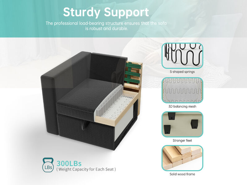 Modular 4-Seat Sectional Sofa with Wooden Frame and Chaise, Convertible Sofa with Pull-Out Bed, Available in Black, White, and Gray,109" L x 54.5" W x 34" H