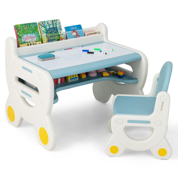 Hivvago Kids Drawing Table and Chair Set with Watercolor Pens and Blackboard Eraser