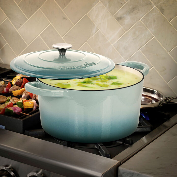 Crock-Pot Artisan 2 Piece 7 Quarts Enameled Cast Iron Dutch Oven in Aqua Blue