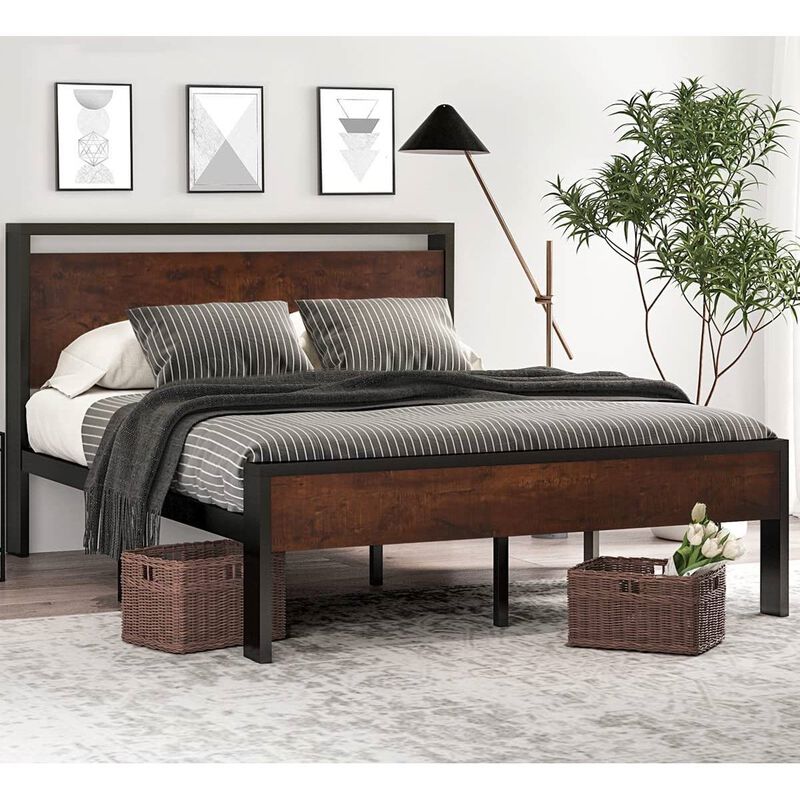 Hivvago King Metal Platform Bed Frame with Mahogany Wood Panel Headboard Footboard