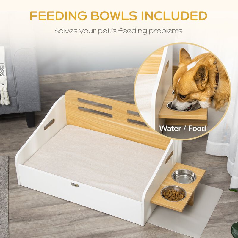 Stylish Pet Dining: Furniture-Style Sofa with Cushion and Bowls