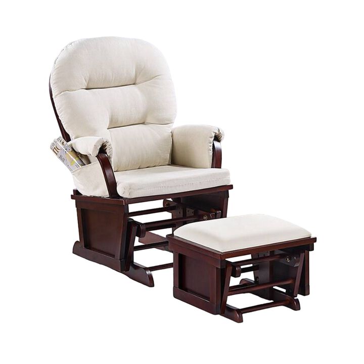 Noni Glider Manual Recliner Chair with Ottoman, Dark Brown, Beige - Benzara
