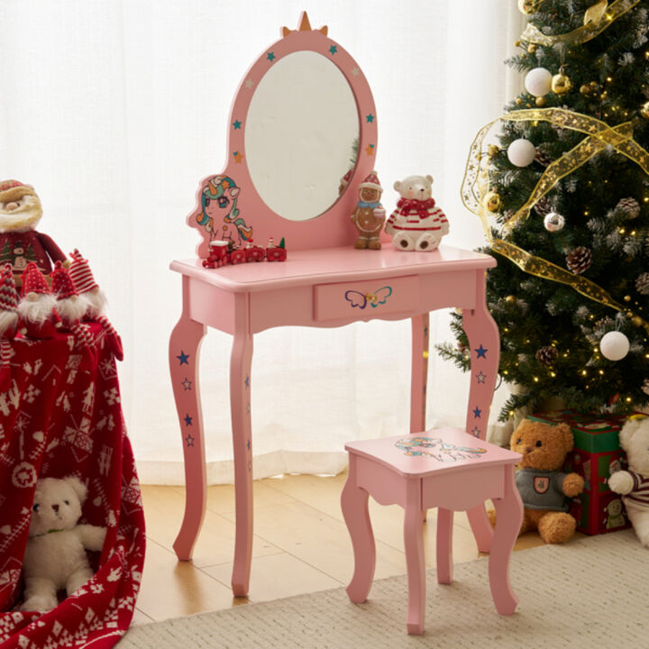 Kids Unicorn Vanity Table & Chair Set Mirror & Stool for Pretend Play