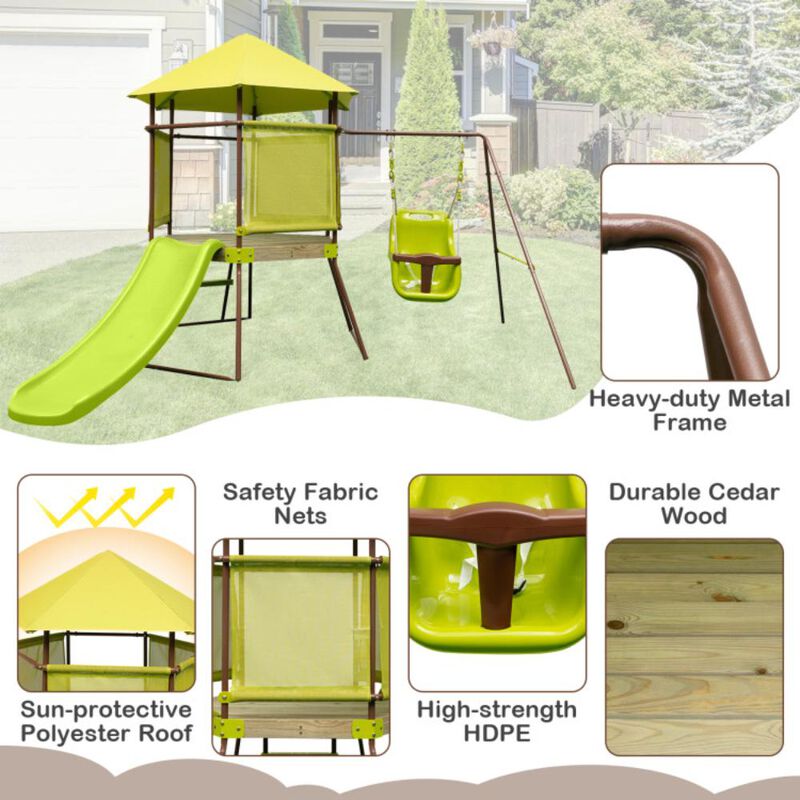 Hivvago 4-in-1 Swing Set with Covered Playhouse Fort and Height Adjustable Baby Seat