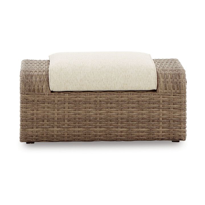 Julia 38 Inch Outdoor Ottoman with Cushion, Resin Wicker, Beige Fabric - Benzara