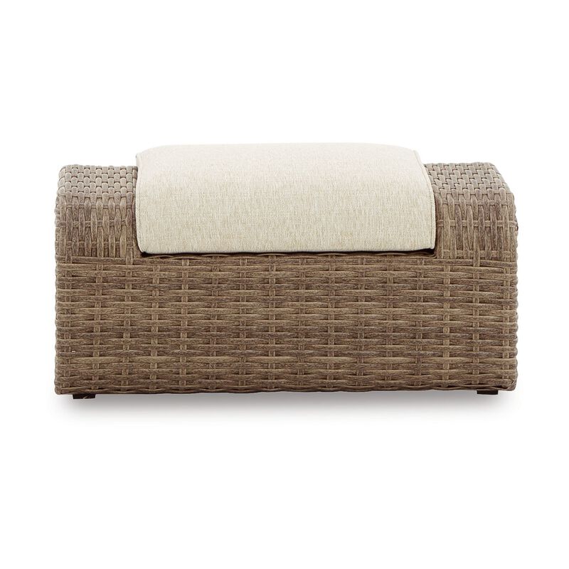Julia 38 Inch Outdoor Ottoman with Cushion, Resin Wicker, Beige Fabric - Benzara