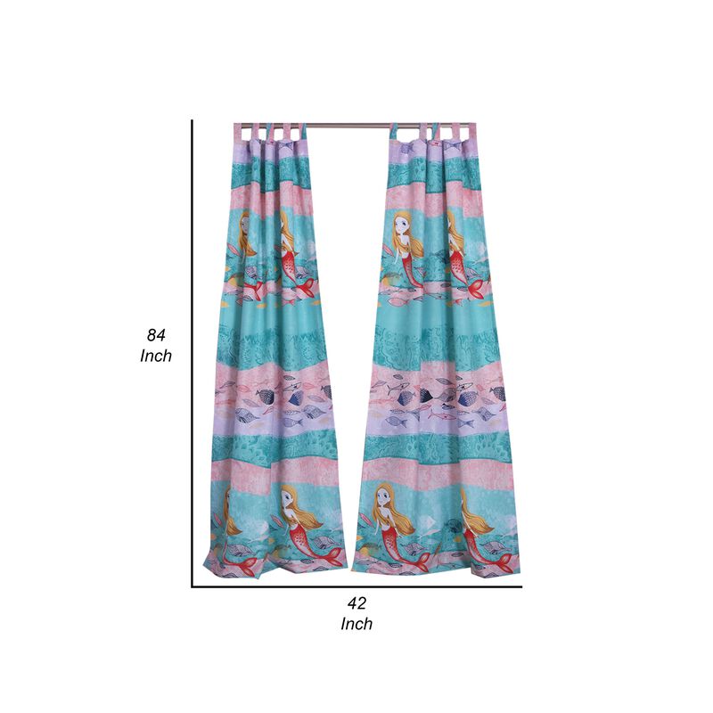 Wini 4 Piece Window Curtain Panel Set, Mermaid Design, Pink, Blue Polyester - Benzara