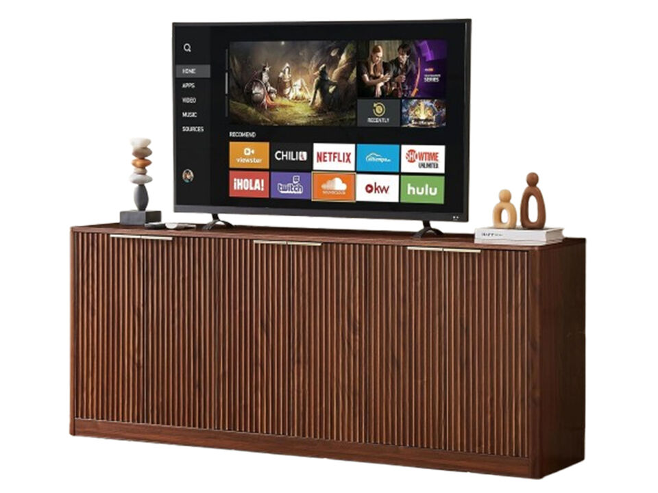 67" Walnut Fluted TV Stand with Storage,with Charging Station & Doors