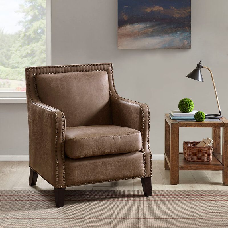 Gracie Mills Sharp Morocco Wood and Faux Leather Accent Chair