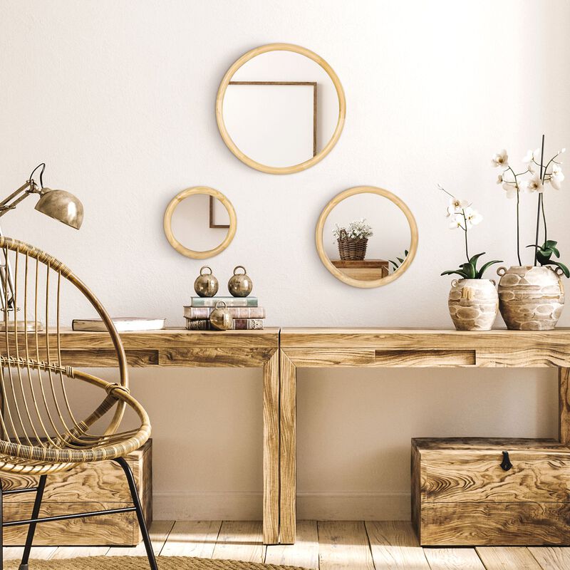 Natural Wood Decor: Set of 3 Modern Round Wall Mirrors