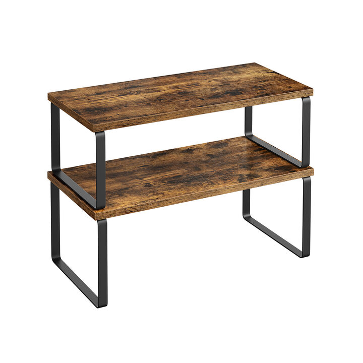 Set of 2 Cabinet Shelf Organizers Stackable, Expandable Metal and Bamboo Kitchen Counter Shelves