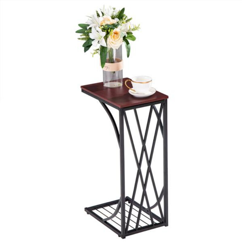 C-Type Coffee Table with Cross Line Brown Desktop, Modern Sofa Table for Living Room