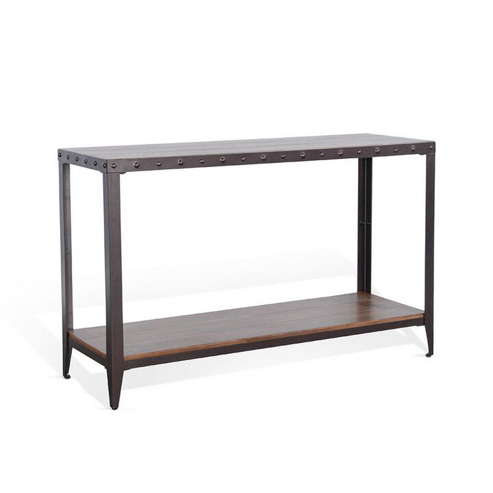 Ayka Sofa Table w Shelf, Nailhead Accent, 48 Inch Rectangular Brown - Benzara