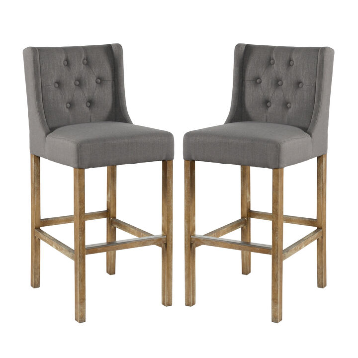 Wooden Barstool with Padded Seat, Button Tufted, Wing Back, Set of 2, Gray and Brown - Benzara