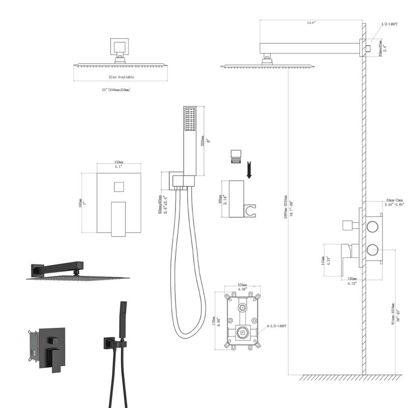Shower Set - 10 Inch Square Shower Set, Dual Shower Heads, Simple Classic Shaped, Matte Black