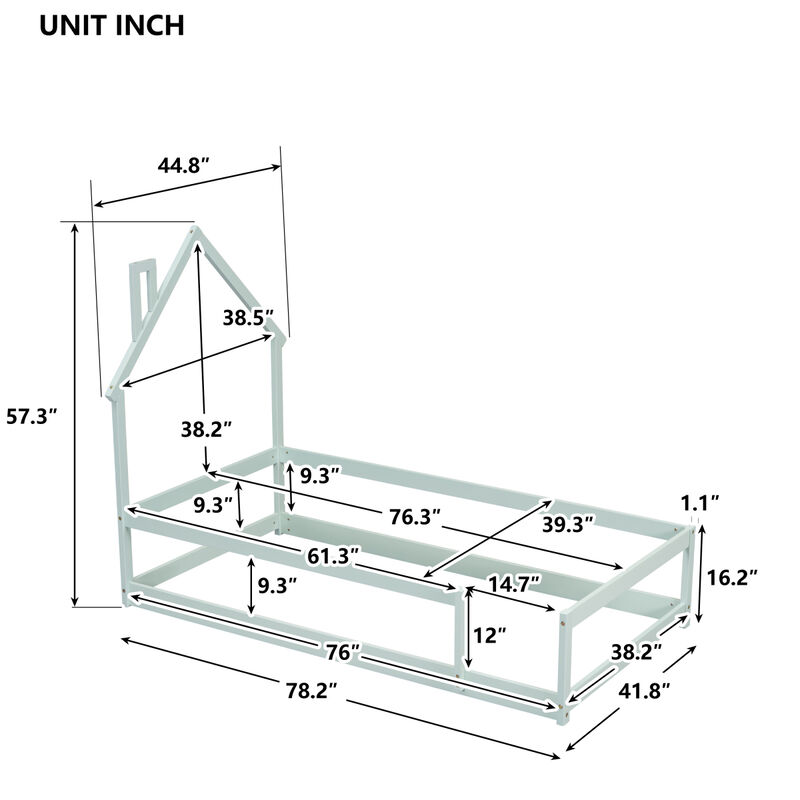 Twin Size Wood Bed With House-Shaped Headboard Floor Bed With Fences, Light Green