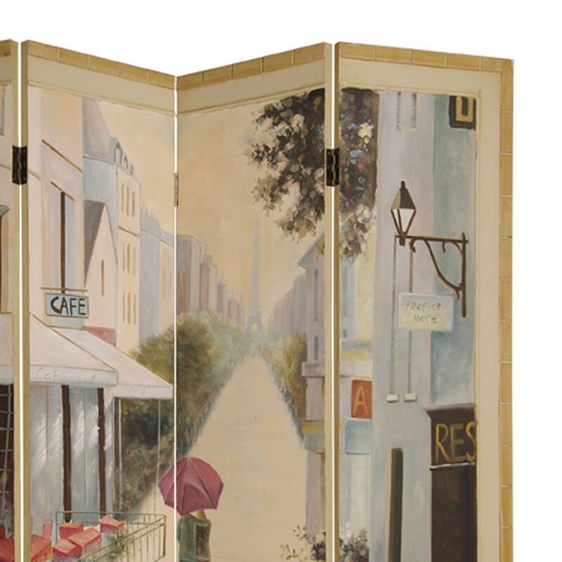Wooden Screen with Artwork of Hand Painted Paris Promenade, Multicolor - Benzara