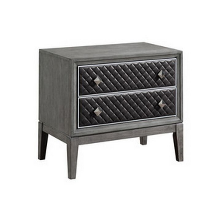 Stacy 29 Inch Nightstand, 2 Faux Leather Upholstered Drawers, Gray Wood - Benzara