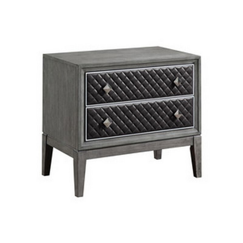 Stacy 29 Inch Nightstand, 2 Faux Leather Upholstered Drawers, Gray Wood - Benzara