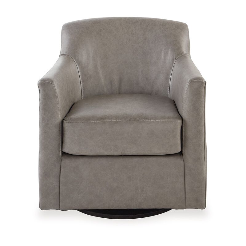 Leena Swivel Accent Chair, Plush Gray Genuine and Faux Leather, Black Metal - Benzara