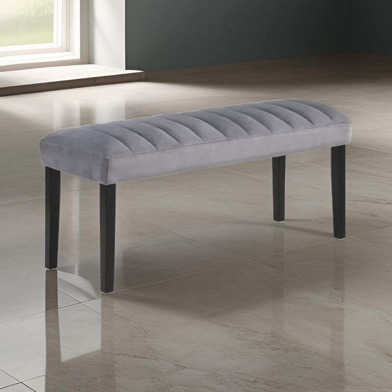 Marcus 46 Inch Dining Bench, Fabric Upholstery, Wood, Tufted, Gray, Black - Benzara