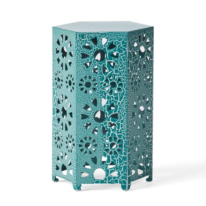 Liana Outdoor Side Table, Hexagonal 14 Inch, Sunburst Cut Out, Teal - Benzara