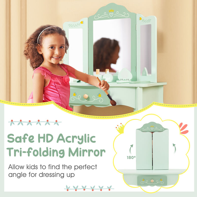Kids Vanity Set with Tri-Folding Mirror – Girls' Makeup Table with Storage and Chair