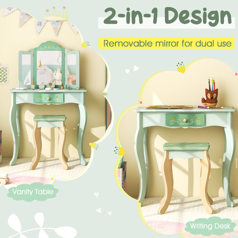 Kids Vanity Set with Tri-Folding Mirror – Girls' Makeup Table with Storage and Chair
