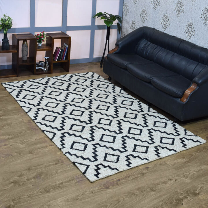 HAND KNOTTED SUMAK JUTE ECO-FRIENDLY Geometric AREA RUGS  - 8'x10', Rectangle Beige Black Color, Geometric, High Pile, Natural Fiber, Outdoor Indoor Handmade Area Rugs for Living Room (J00080)