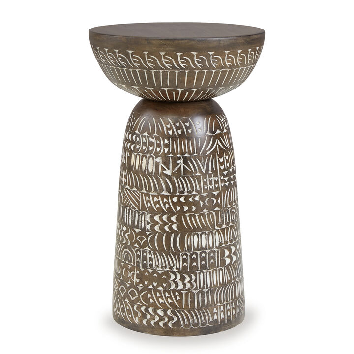 Accent Table, Faux Wood Classical Tribal Carved Design, Brown 14 Inch - Benzara